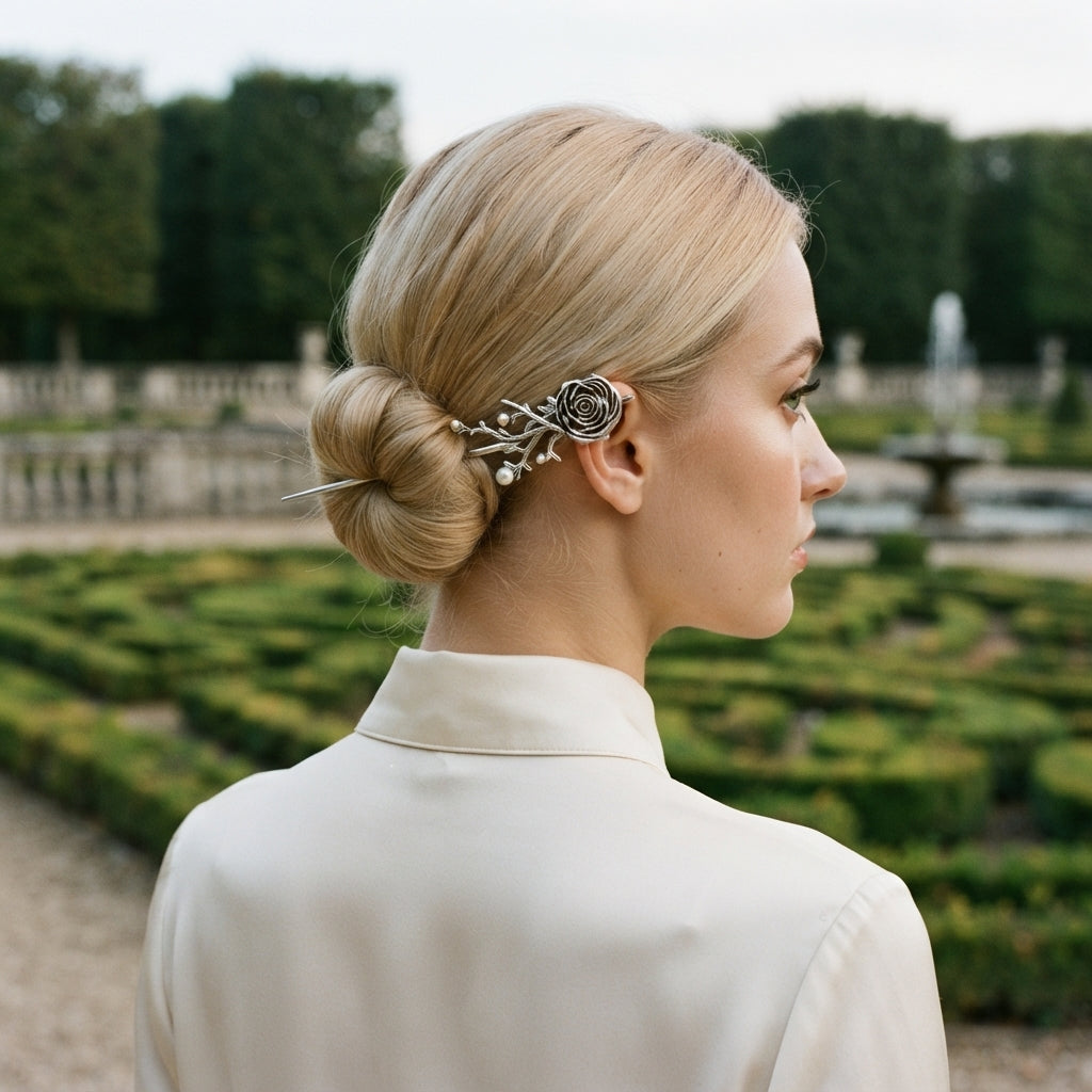 silver flower hair pin